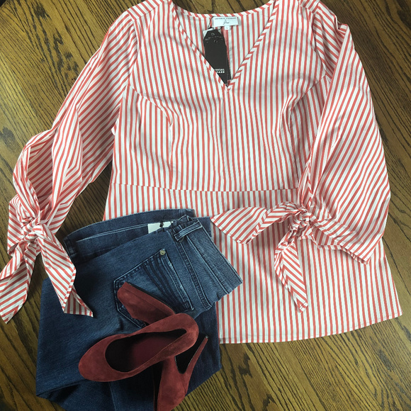 J. Crew Tops - J. Crew Poplin Tie Sleeve Top Striped w/Red Large